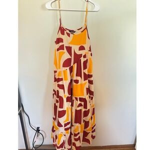 Fashion Geometric Abstract Print Tiered Maxi Dress Mustard Cream Med. NWT
